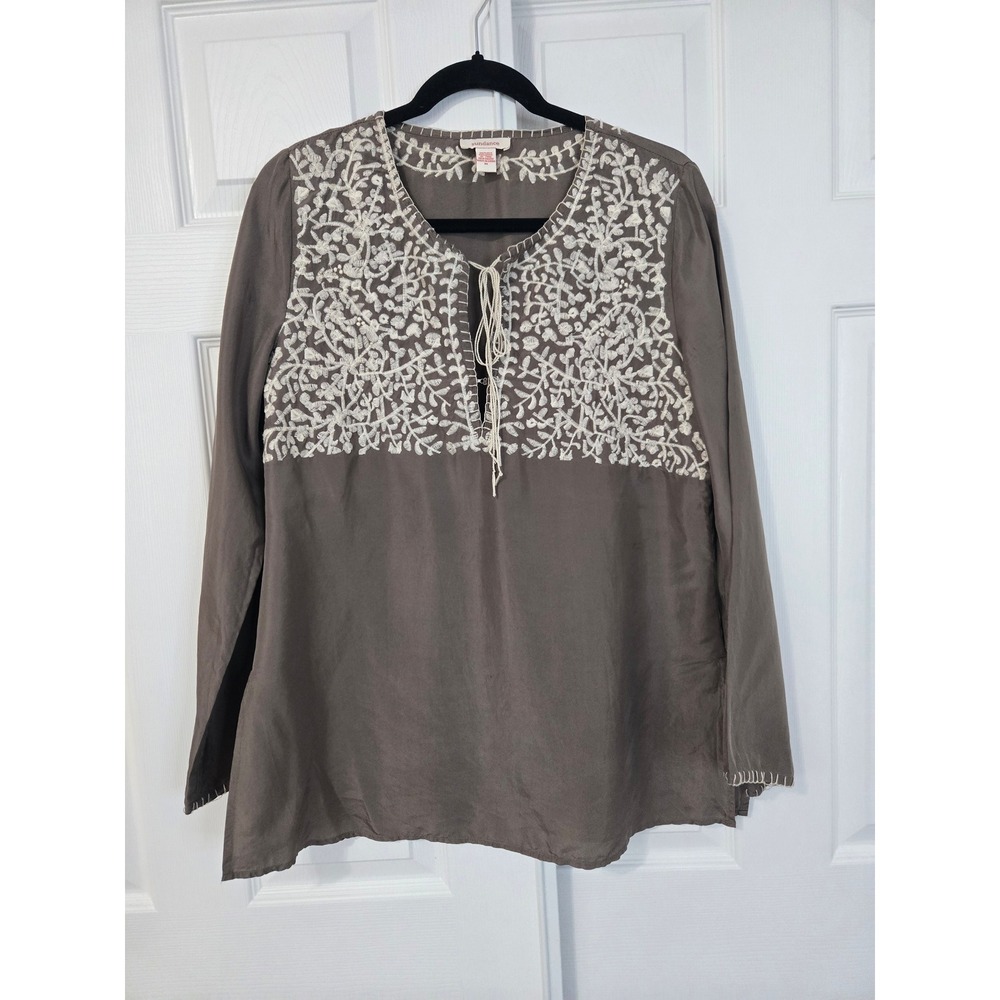Sundance Silk Embroidered Tunic Blouse Taupe Brown Ivory Floral Boho Top M Fall